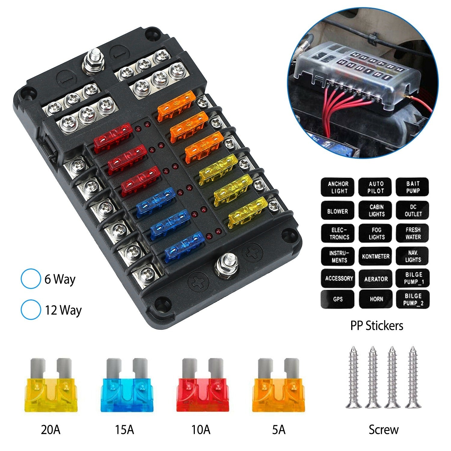 6-Way Fuse Box Holder with LED Indicator