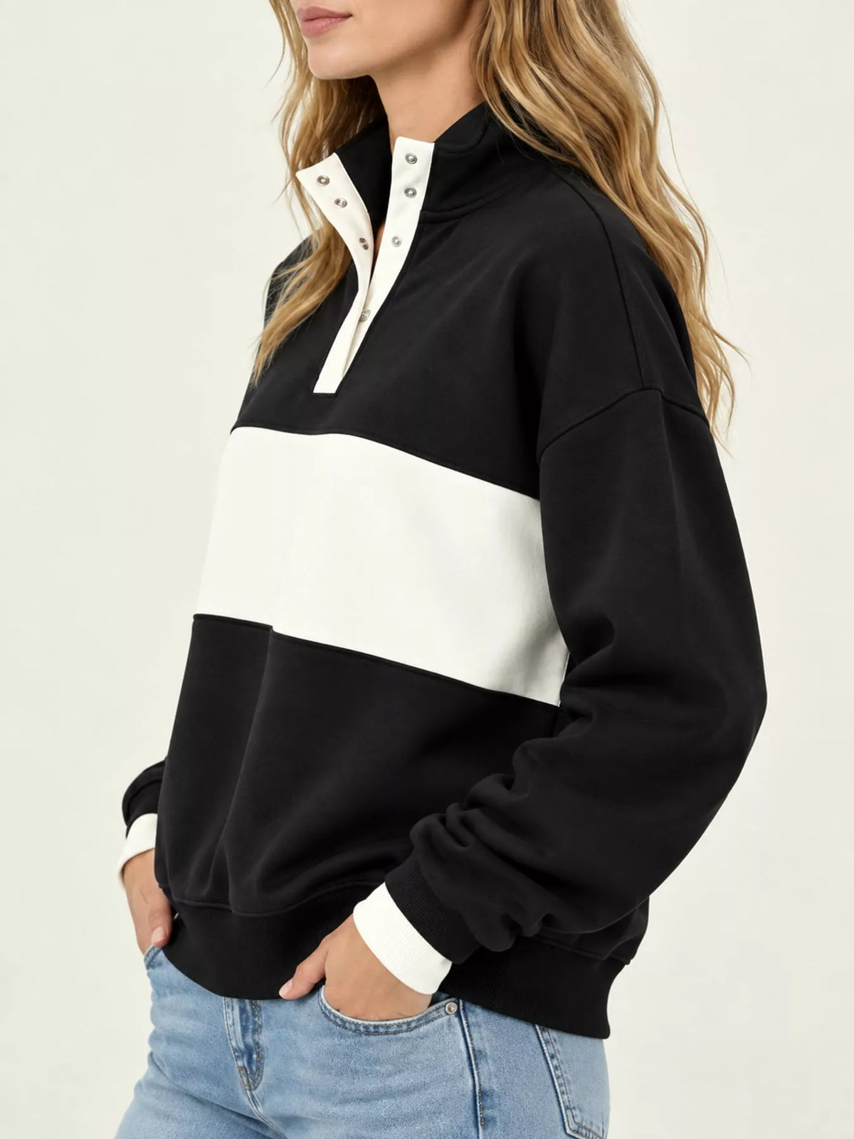 Full Size Color Block Snap-Button Sweatshirt Plus Size