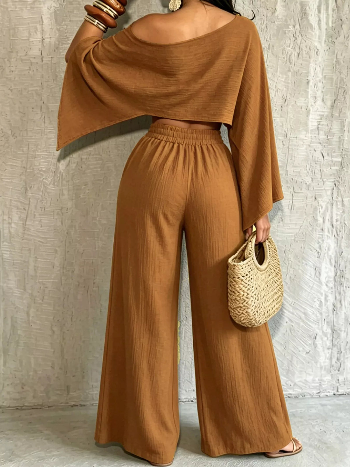 Boat Neck Crop Top and Wide-Leg Pants Set