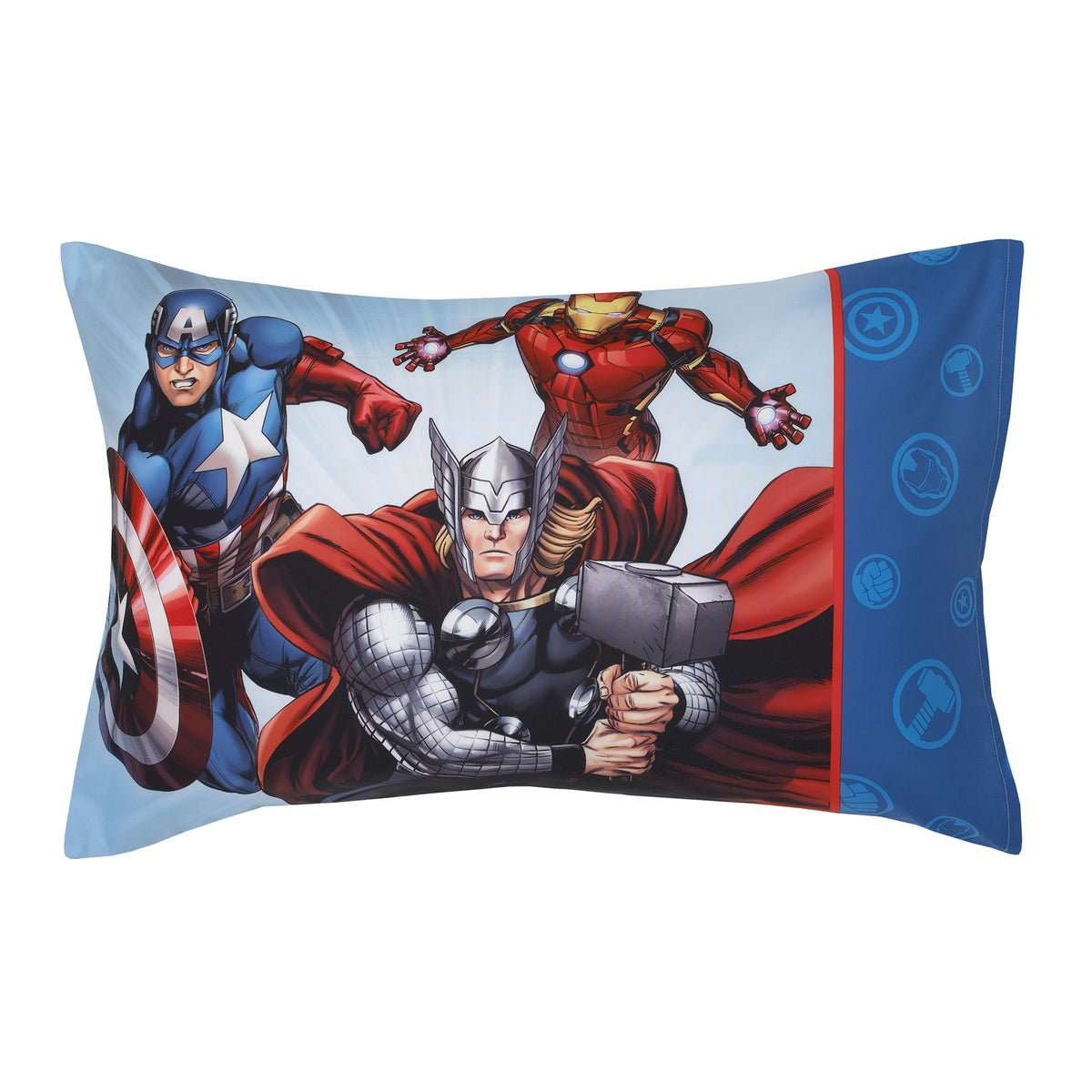 Marvel Avengers Fight the Foes Blue, Red, Green Hulk, Iron Man, Thor, Captain America 4 Piece Toddler Bed Set - Comforter, Fitted Bottom Sheet, Flat Top Sheet, and Reversible Pillowcase