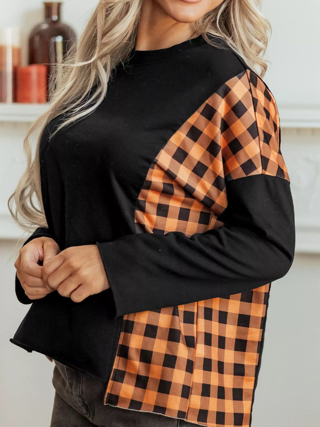 Patchwork Plaid Pumpkin Face Long Sleeve Top