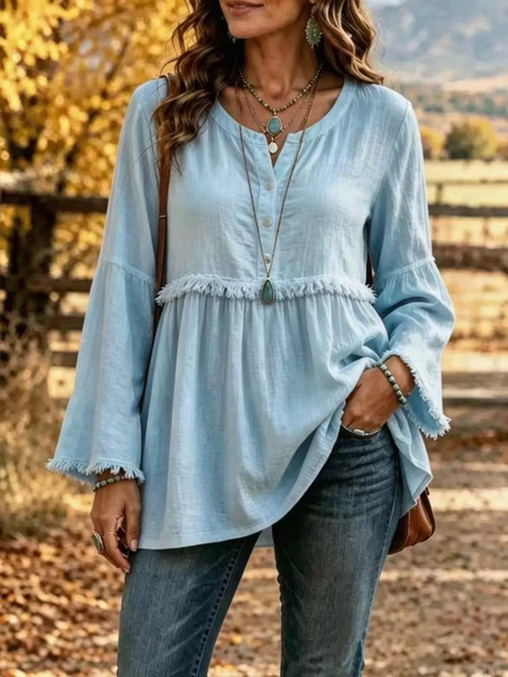 Full Size Fringed Button Detail Blouse Plus Size