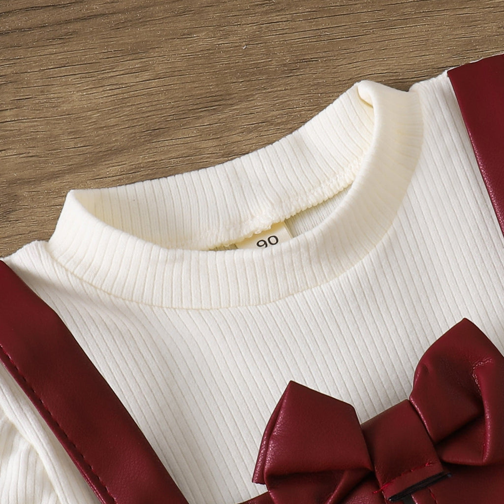 PU Leather Princess-style Long-sleeve Bow Tie Faux Two-piece Set