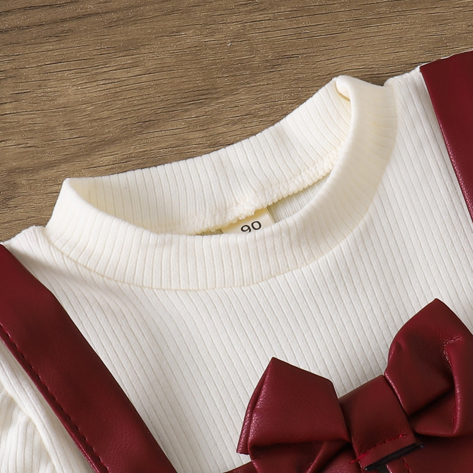 PU Leather Princess-style Long-sleeve Bow Tie Faux Two-piece Set