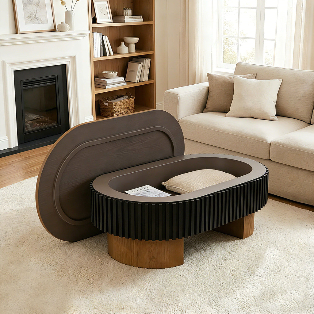 Elliptical Living Room Coffee Table With Hidden Storage And Removable Tabletop