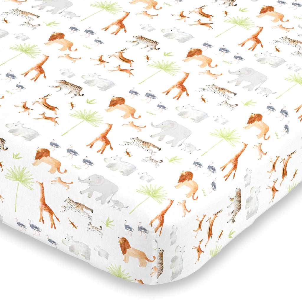 Watercolor Jungle Animals Crib Sheet - Mini Fitted Crib Sheet - Designed in The USA â€“ 24â€ x 38â€ x 5â€