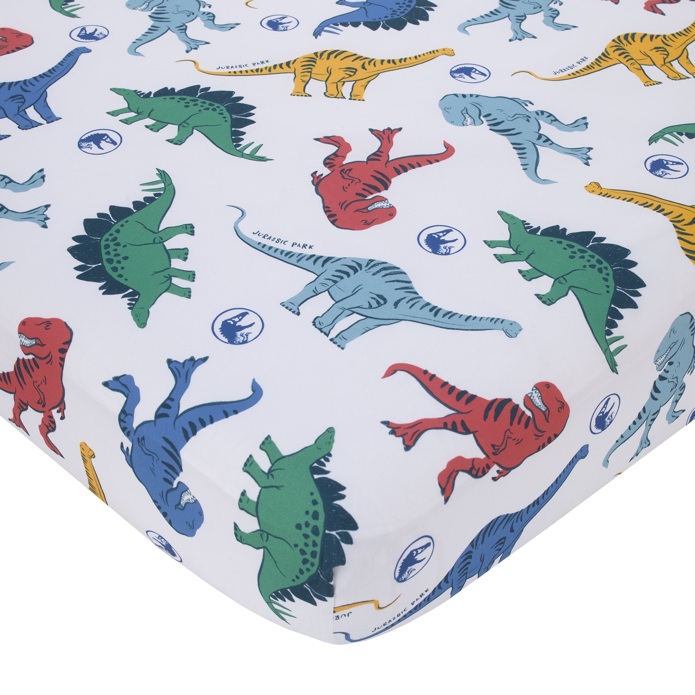 Universal Jurassic World Wild and Free Blue, Green, and Yellow Dinosaur 4 Piece Toddler Bed Set - Comforter, Fitted Bottom Sheet, Flat Top Sheet, Reversible Pillowcase