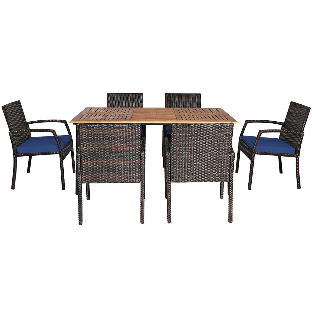 7Pcs Patio Rattan Cushioned Dining Set with Umbrella Hole