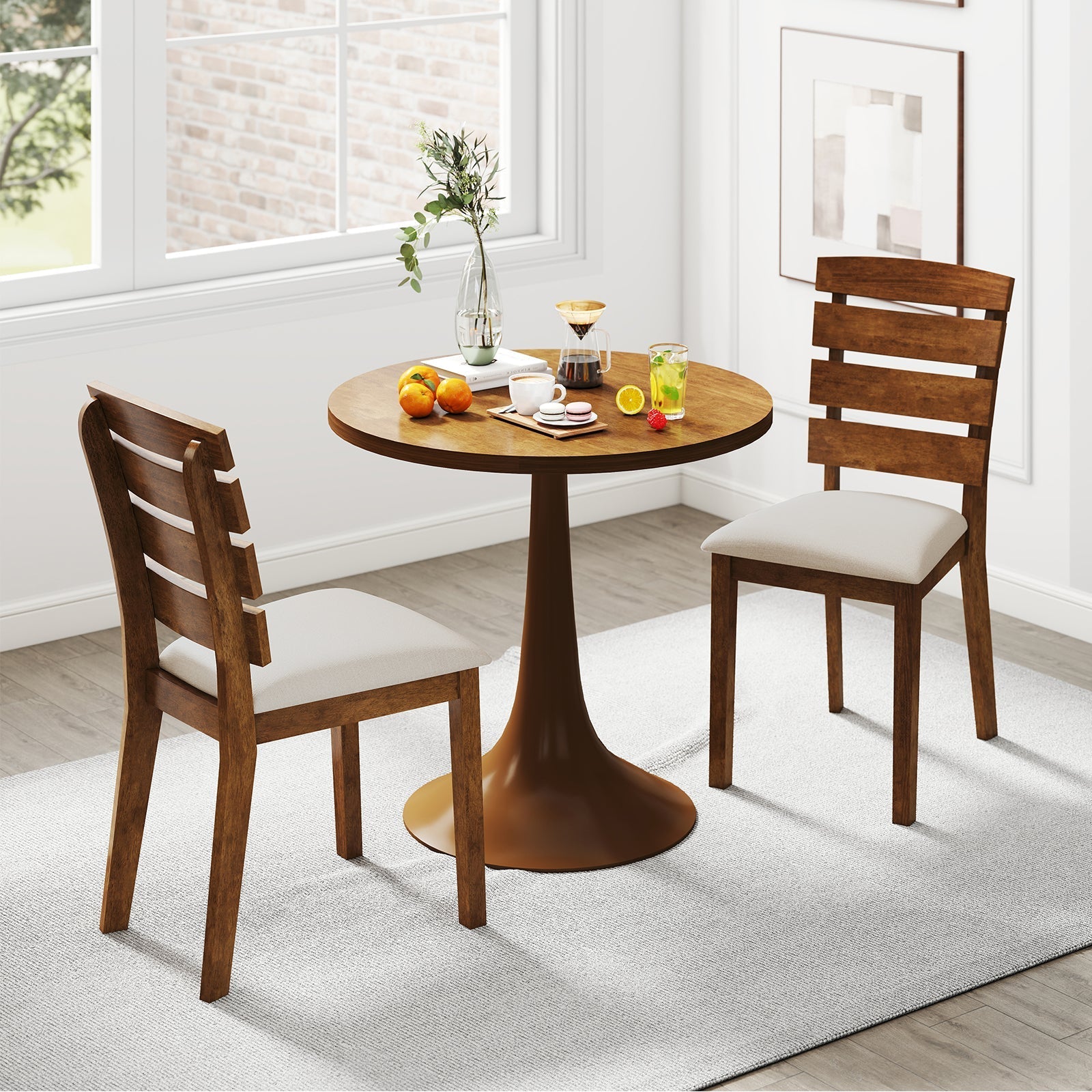 Dining Chair Set of 2 with Slatted High Backrest and Rubber Wood Legs-Brown
