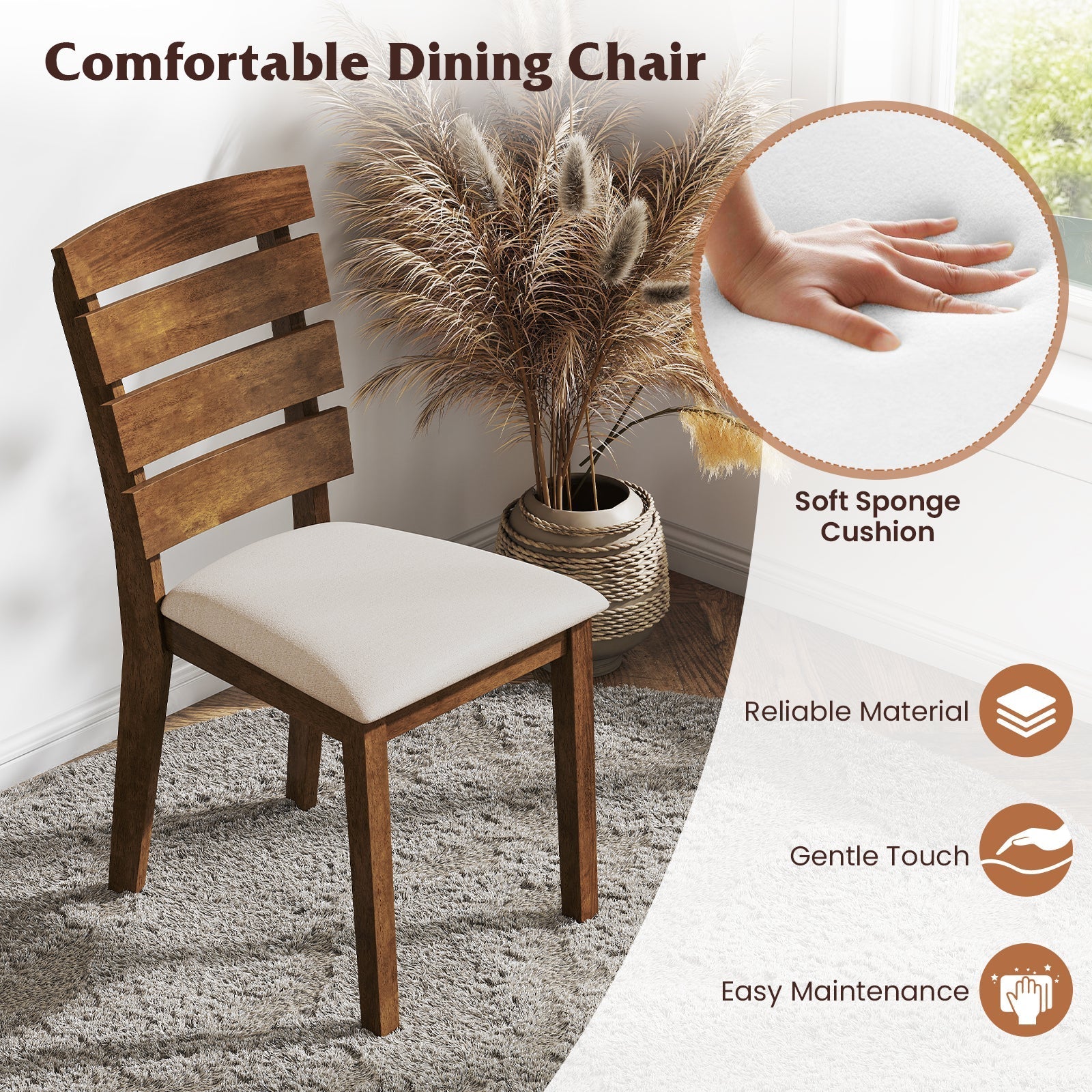 Dining Chair Set of 2 with Slatted High Backrest and Rubber Wood Legs-Brown