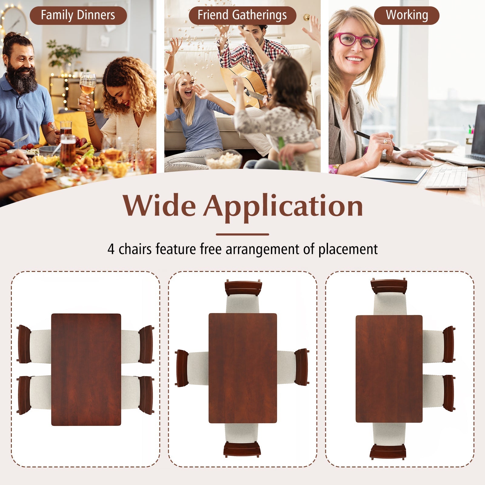 5-Piece Dining Table Set with High Curved Back for 4 People-Walnut