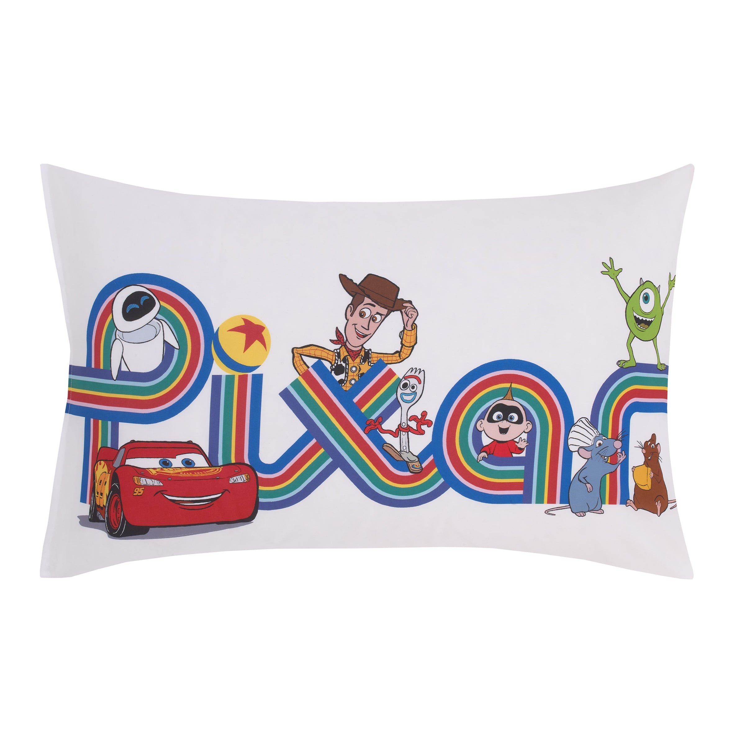Choose Happy Pixar Friends Multi-Colored 4 Piece Toddler Bed Set - Comforter, Fitted Bottom Sheet, Flat Top Sheet, and Reversible Pillowcase