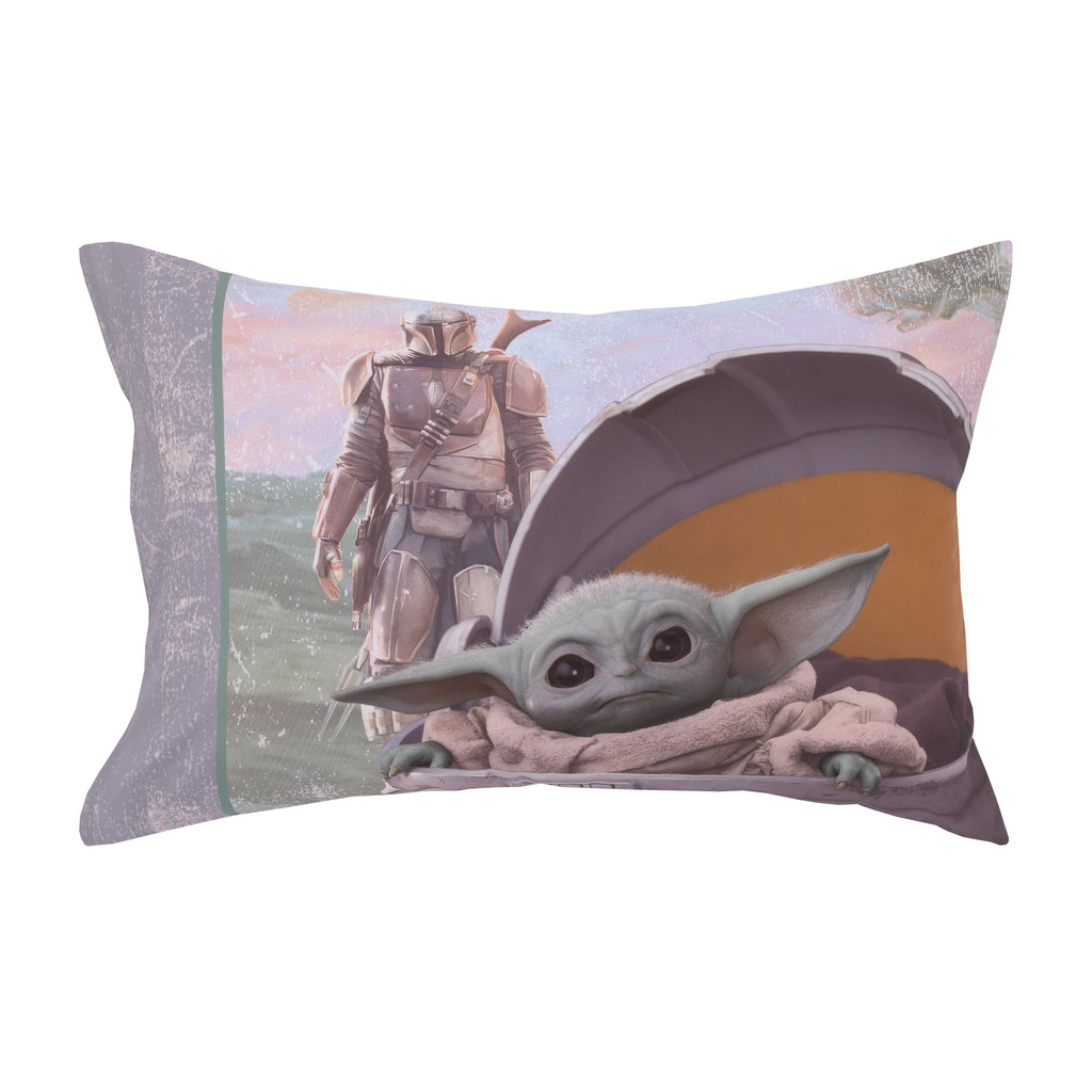 The Mandalorian "The Child" Green, Tan, White 4 Piece Toddler Bed Set - Comforter, Fitted Bottom Sheet, Flat Top Sheet, Reversible Pillowcase