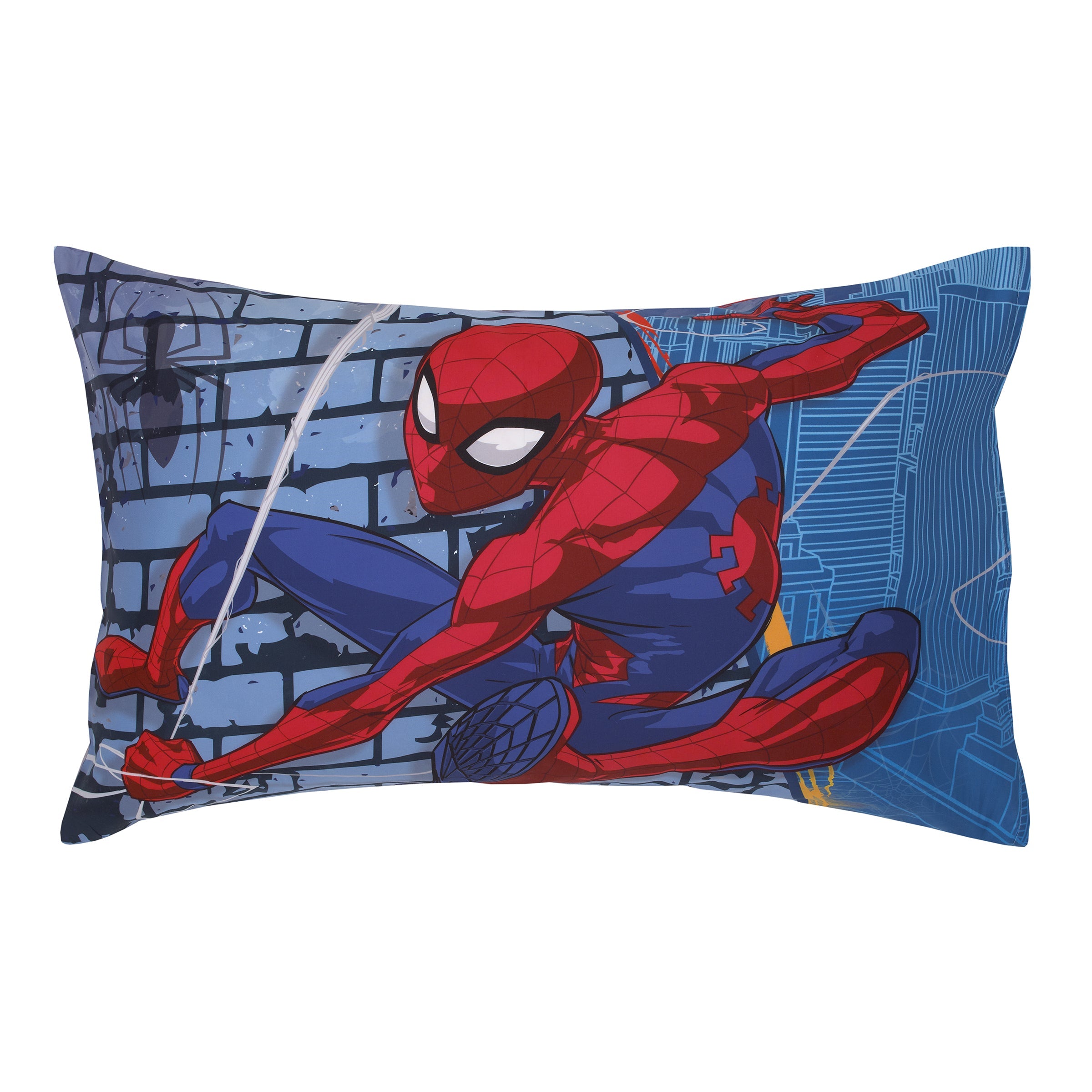 Marvel Spider-Man Wall Crawler Red, White, and Blue Spider Webs 4 Piece Toddler Bed Set - Comforter, Fitted Bottom Sheet, Flat Top Sheet, and Reversible Pillowcase