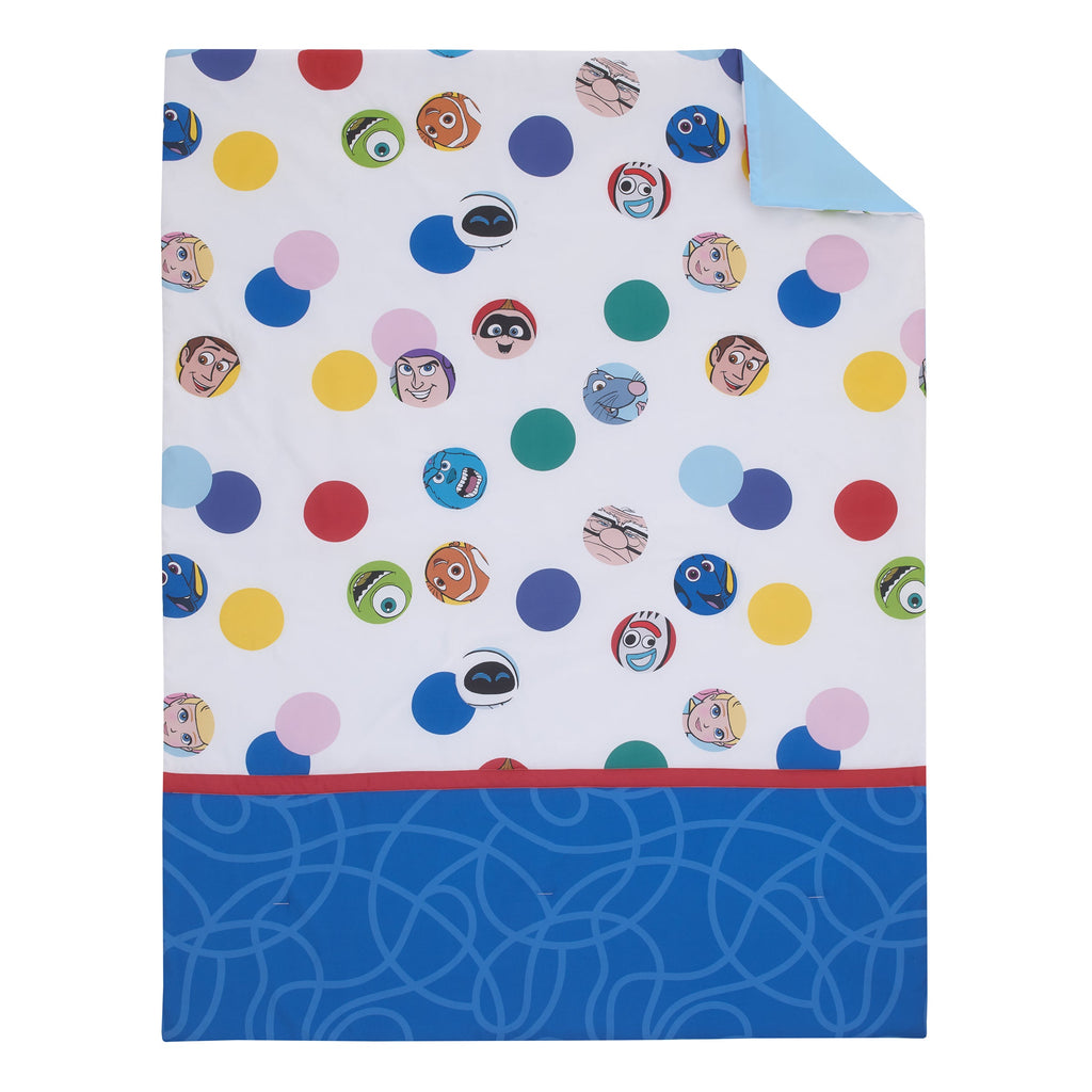 Choose Happy Pixar Friends Multi-Colored 4 Piece Toddler Bed Set - Comforter, Fitted Bottom Sheet, Flat Top Sheet, and Reversible Pillowcase