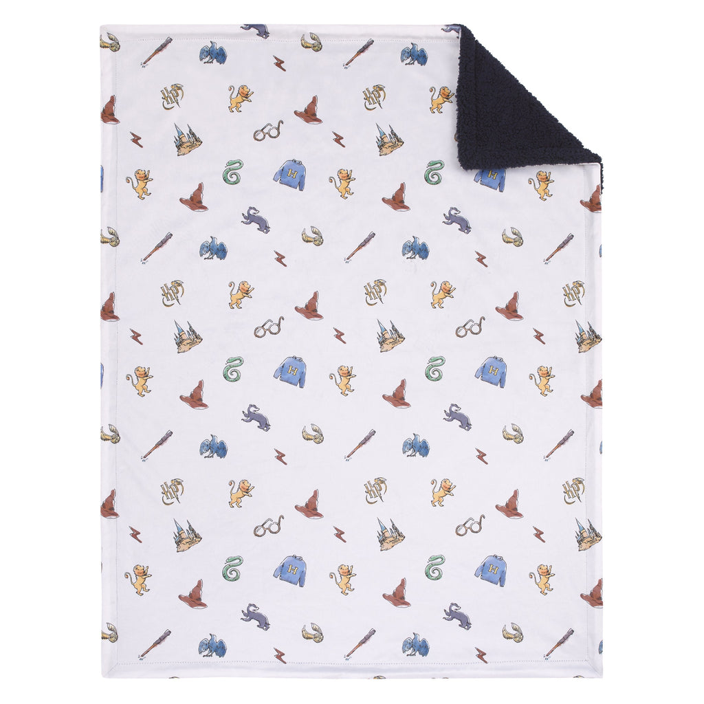 Warner Bros  Harry Potter Welcome Little Wizard Navy, Burgundy, Blue, and White Super Soft Baby Blanket