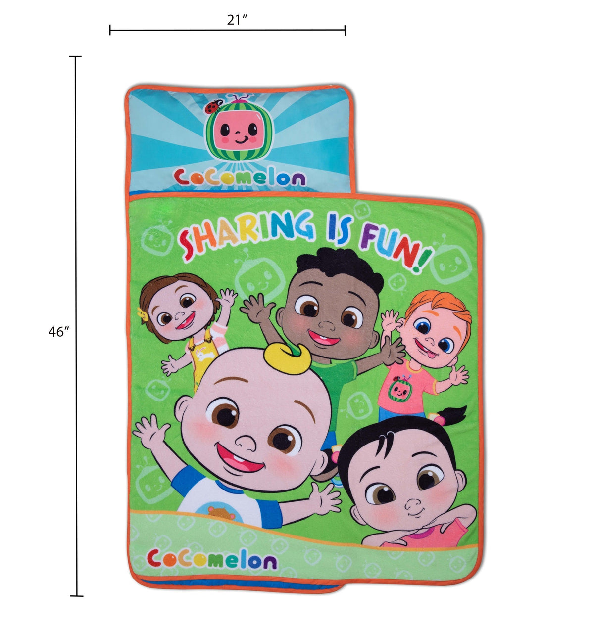 NoJo CoComelon Plush Toddler Nap Mat - Includes Attached Pillow and Fleece Blanket, Green, and Blue