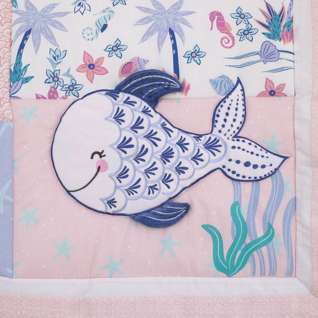 Mermaid Lagoon Pink, Blue and White Undersea Friends, Fish, Coral, Jellyfish and Starfish 4 Piece Nursery Crib Bedding Set - Comforter, 100% Cotton Fitted Crib Sheet, Crib Skirt, and Storage Caddy