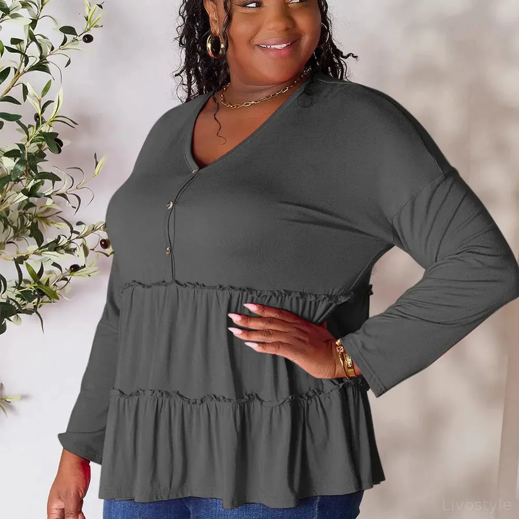 Half-Button Long Sleeve Ruffle Hem Blouse – Plus Size