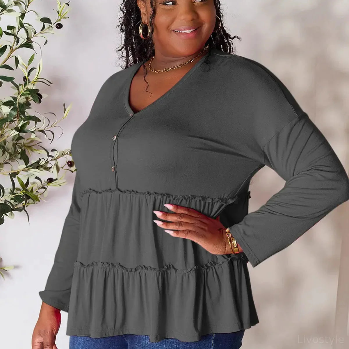 Half-Button Long Sleeve Ruffle Hem Blouse – Plus Size