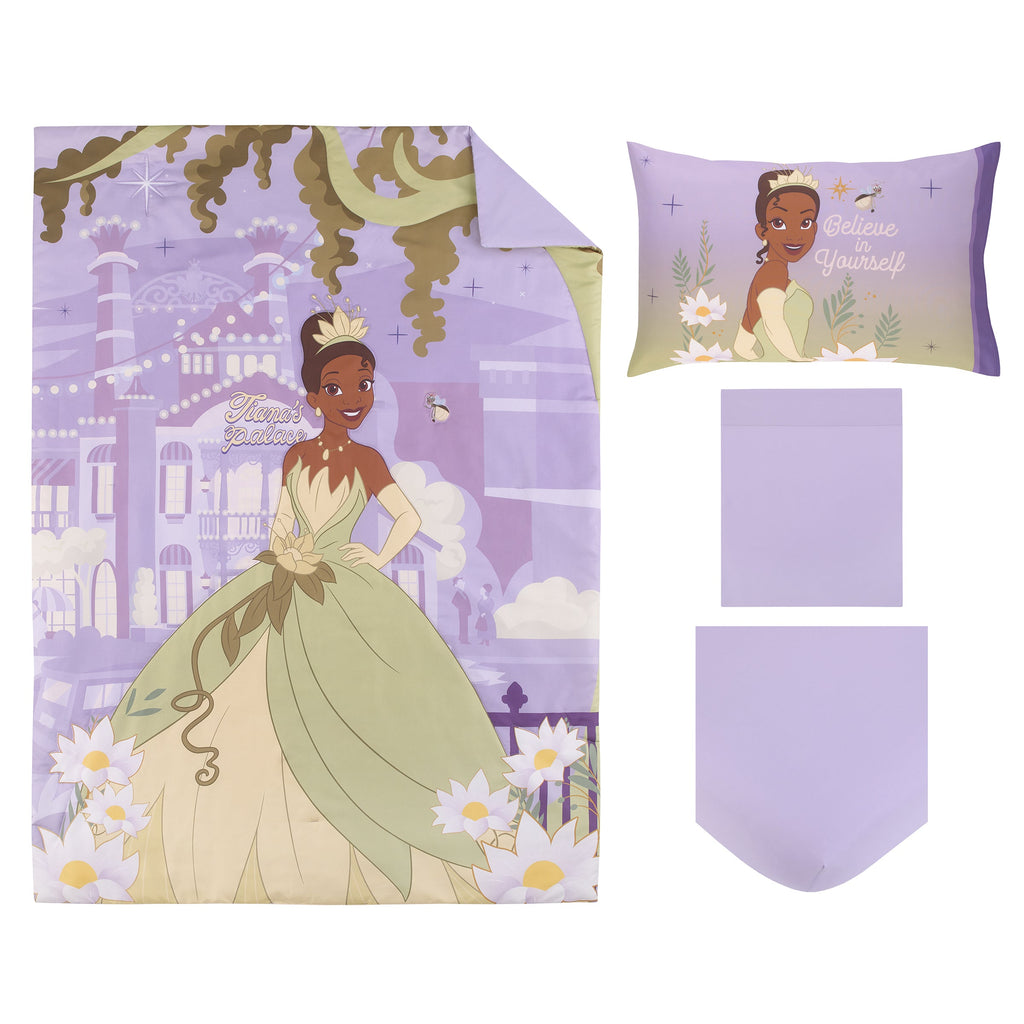 NoJo Disney Princess Tiana Create Your World 4 Piece Toddler Bed Set - Comforter, Fitted Bottom Sheet, Flat Top Sheet, Reversible Pillowcase, Lavender, Green, Yellow