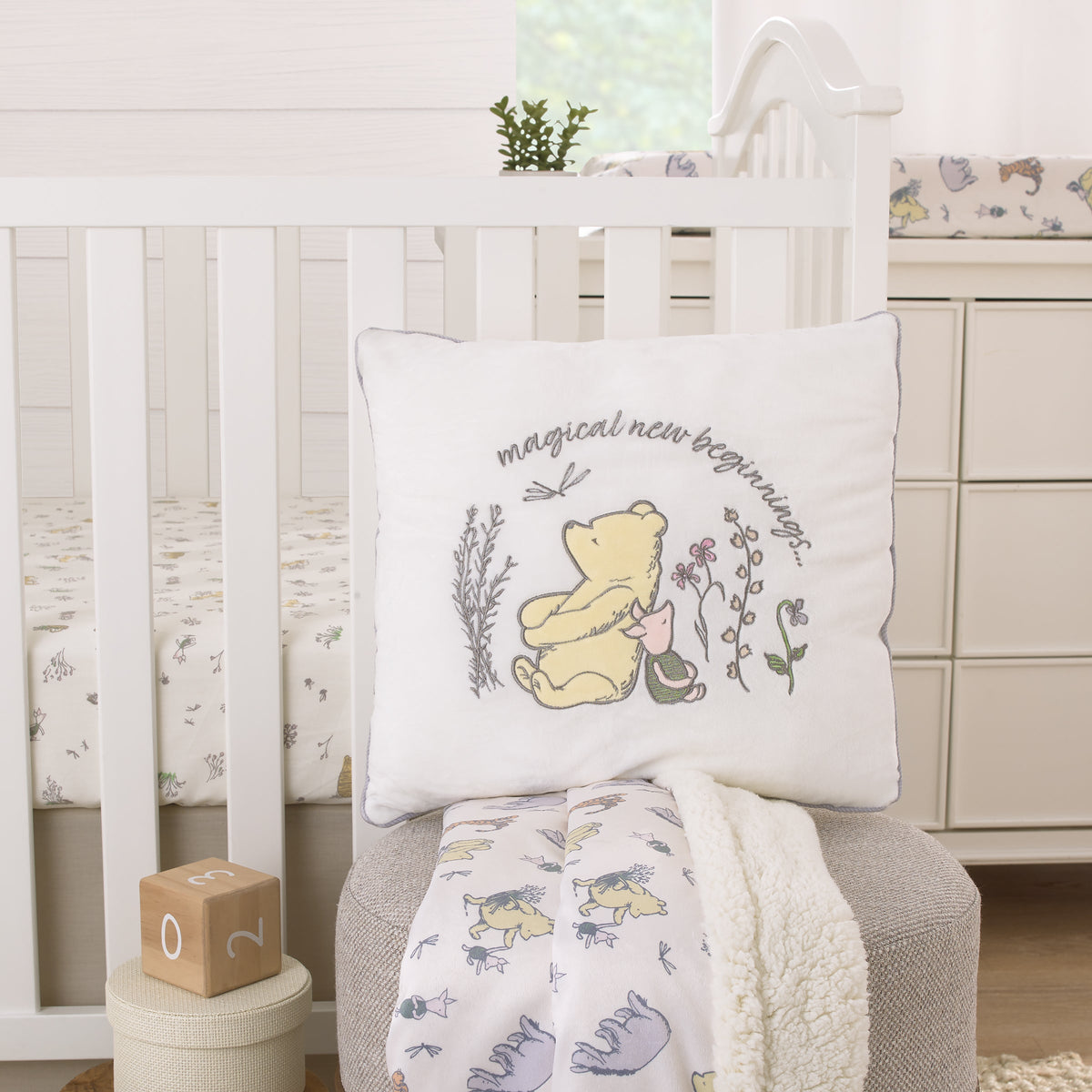 Classic Pooh Naturally Friends Ivory and Taupe Magical New Beginnings Appliqued Decorative Pillow