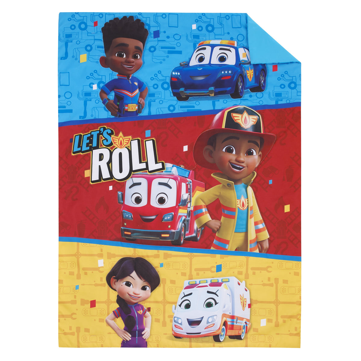 Firebuds Let's Roll Red, Blue, and Yellow First Responders 4 Piece Toddler Bed Set - Comforter, Fitted Bottom Sheet, Flat Top Sheet, and Reversible Pillowcase