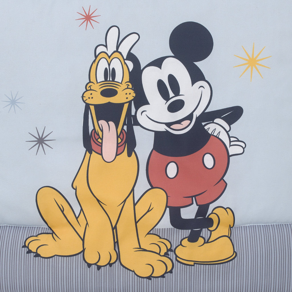 Mickey and Friends Blue, Oatmeal, and Red Mickey Mouse, Minnie Mouse, Donald Duck, Pluto and Goofy 3 Piece Nursery Mini Crib Bedding Set - Comforter and Two Fitted Mini Crib Sheets