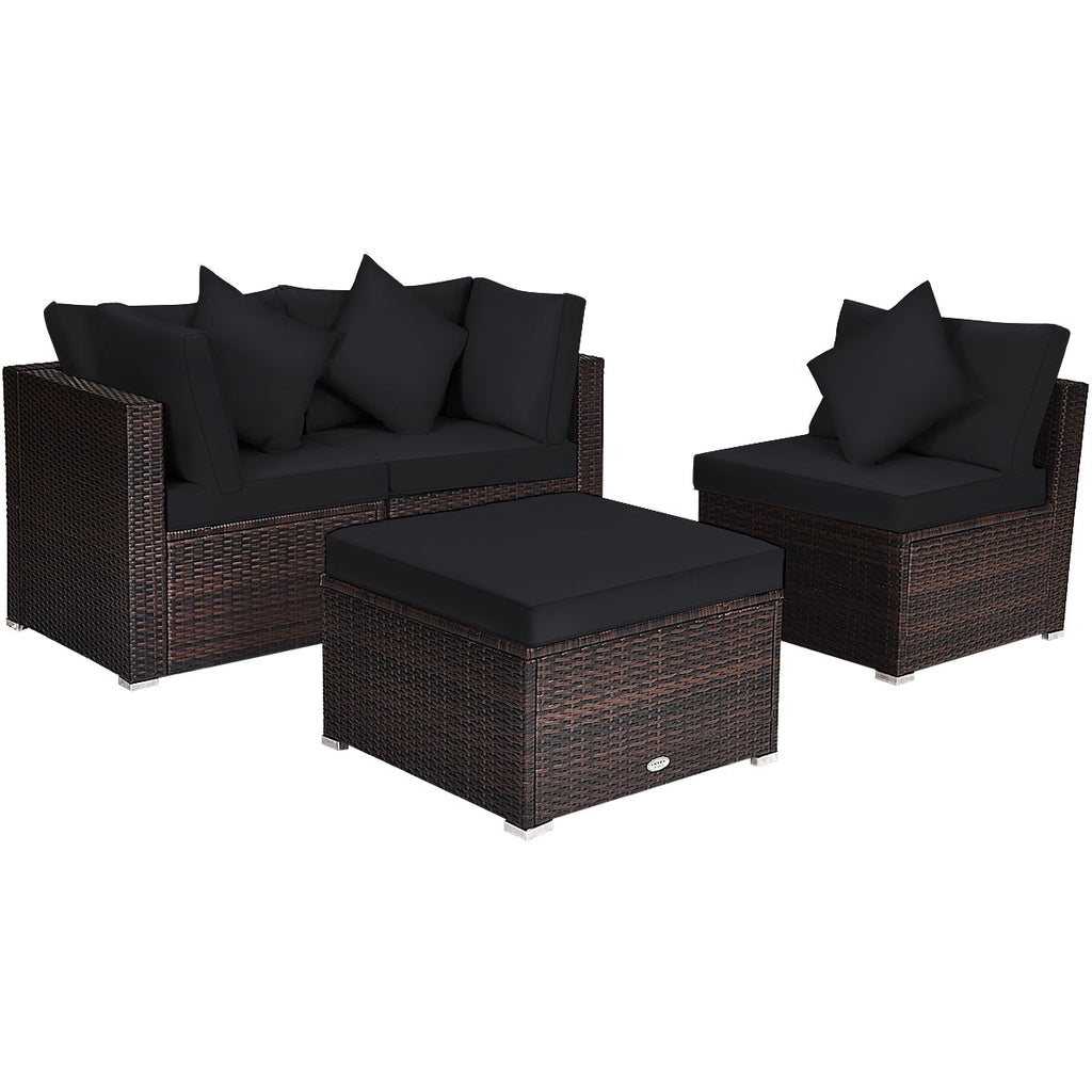 4 Pieces Ottoman Garden Patio Rattan Wicker Furniture Set with Cushion-Gray