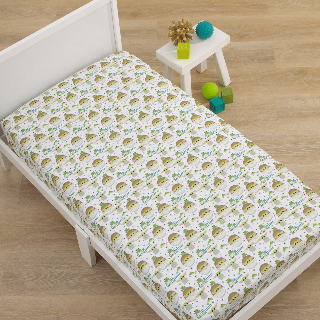 The Mandalorian Grogu White, Green, and Blue Nursery Fitted Crib Sheet