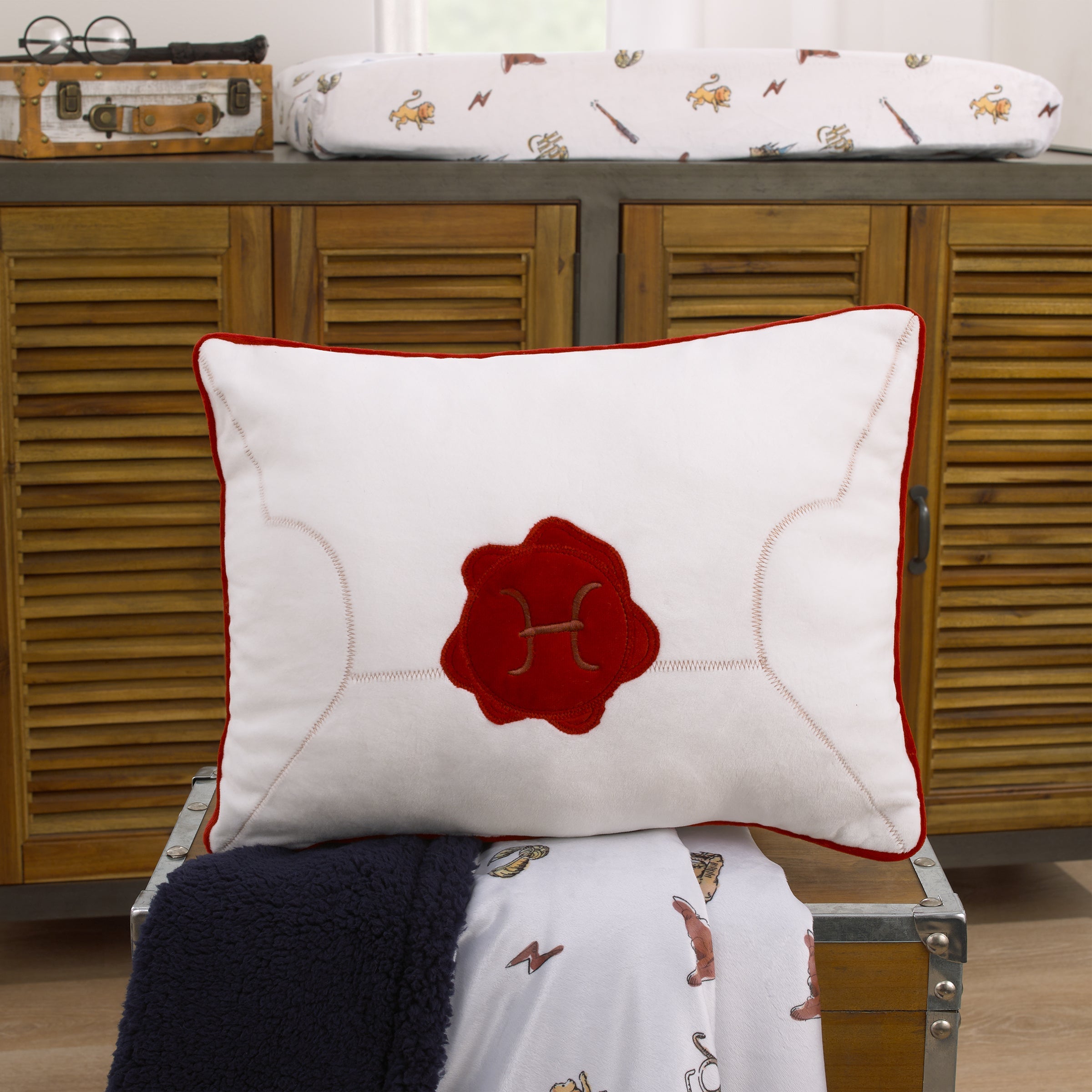 Harry Potter Welcome Little Wizard Red, and White Addressed Letter Decorative Pillow