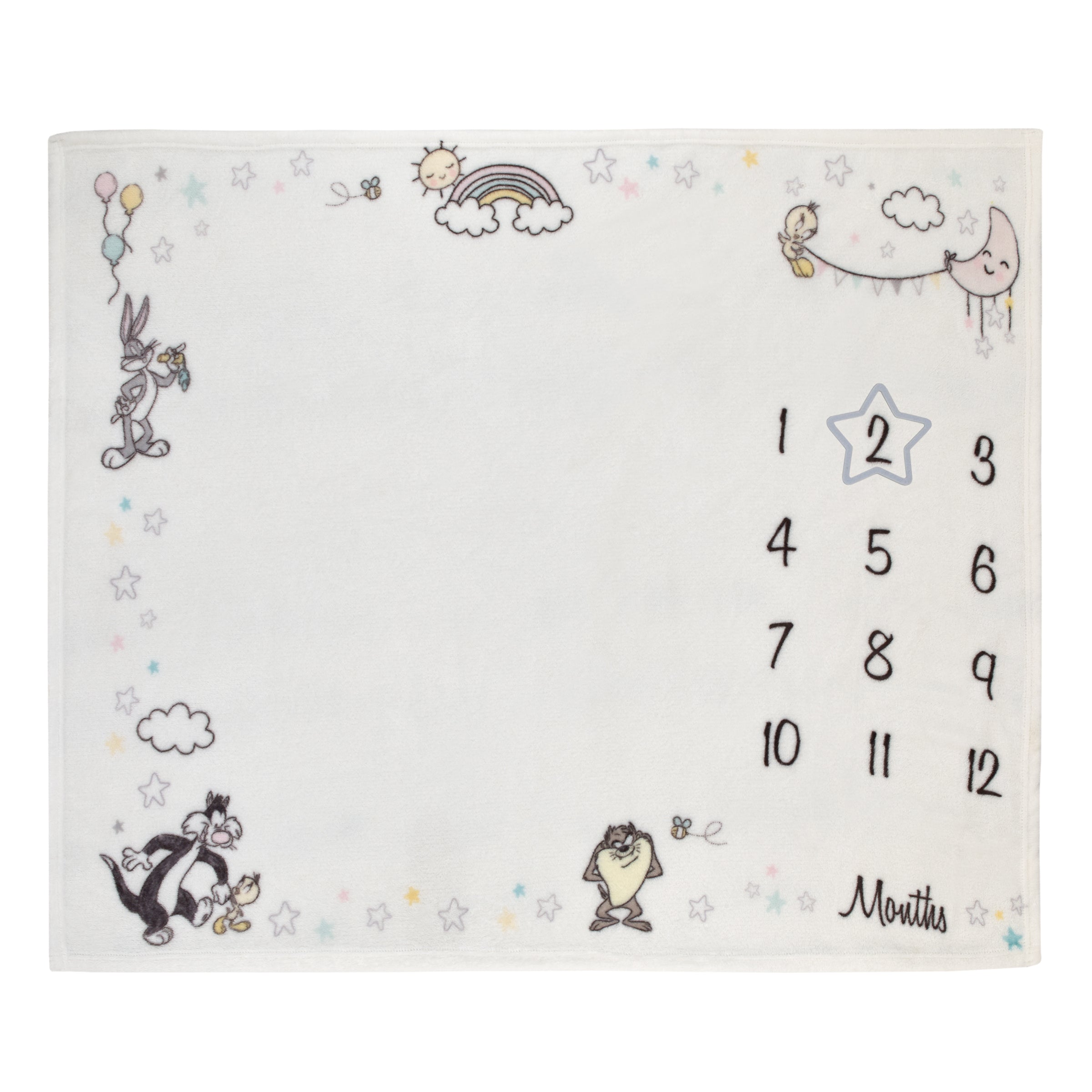 Warner Bros  Looney Tunes Best Buds White with Pastel Blue, Pink, and Yellow Bugs Bunny, Tweety, Tasmanian Devil, and Sylvester the Cat Milestone Blanket