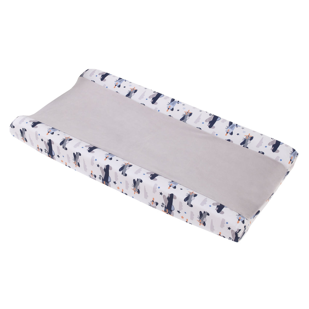 Soar High Little One Gray, Navy, Light Blue, and White Airplanes Contoured Changing Pad Cover