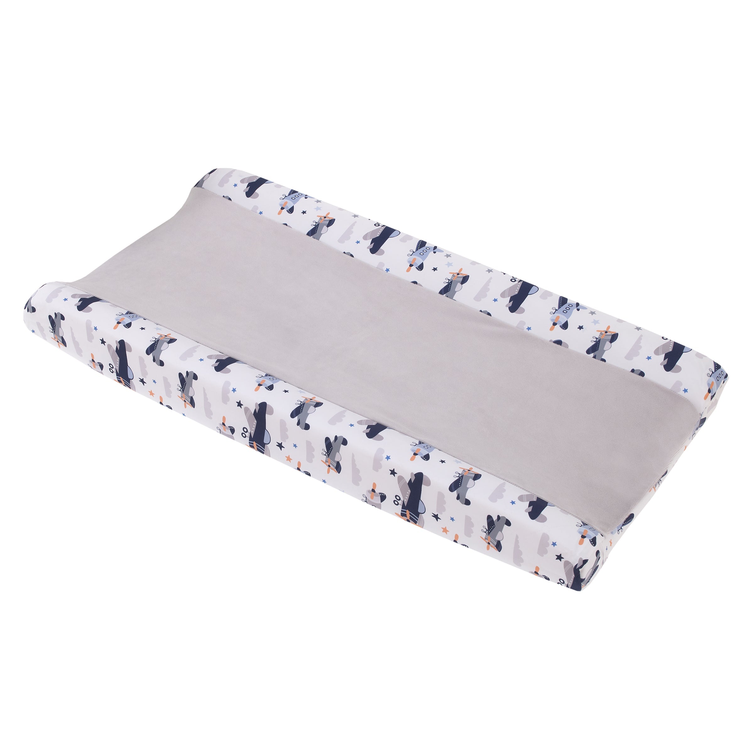 Soar High Little One Gray, Navy, Light Blue, and White Airplanes Contoured Changing Pad Cover