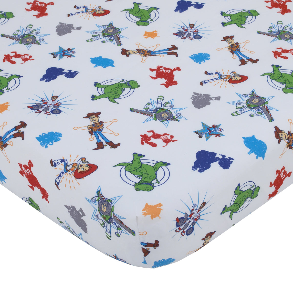 Disney Toy Story 4 - Blue, Green, Red and White 2 Pack Toddler Fitted Crib Sheet and Standard Size Pillowcase Set