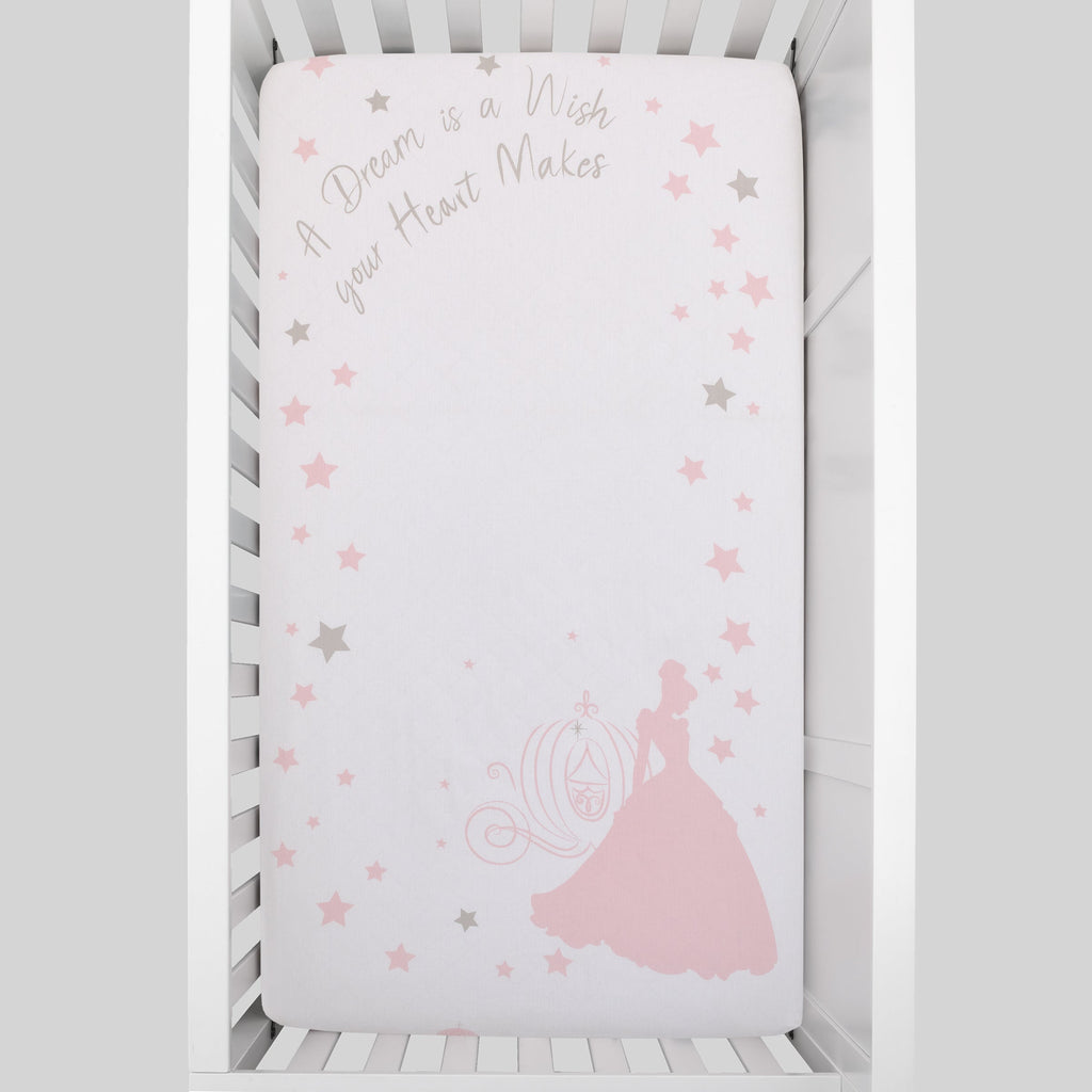 Disney Princess Enchanting Dreams White and Pink Cinderella A Dream is a Wish Your Heart Makes 100% Cotton Photo Op Nursery Fitted Crib Sheet