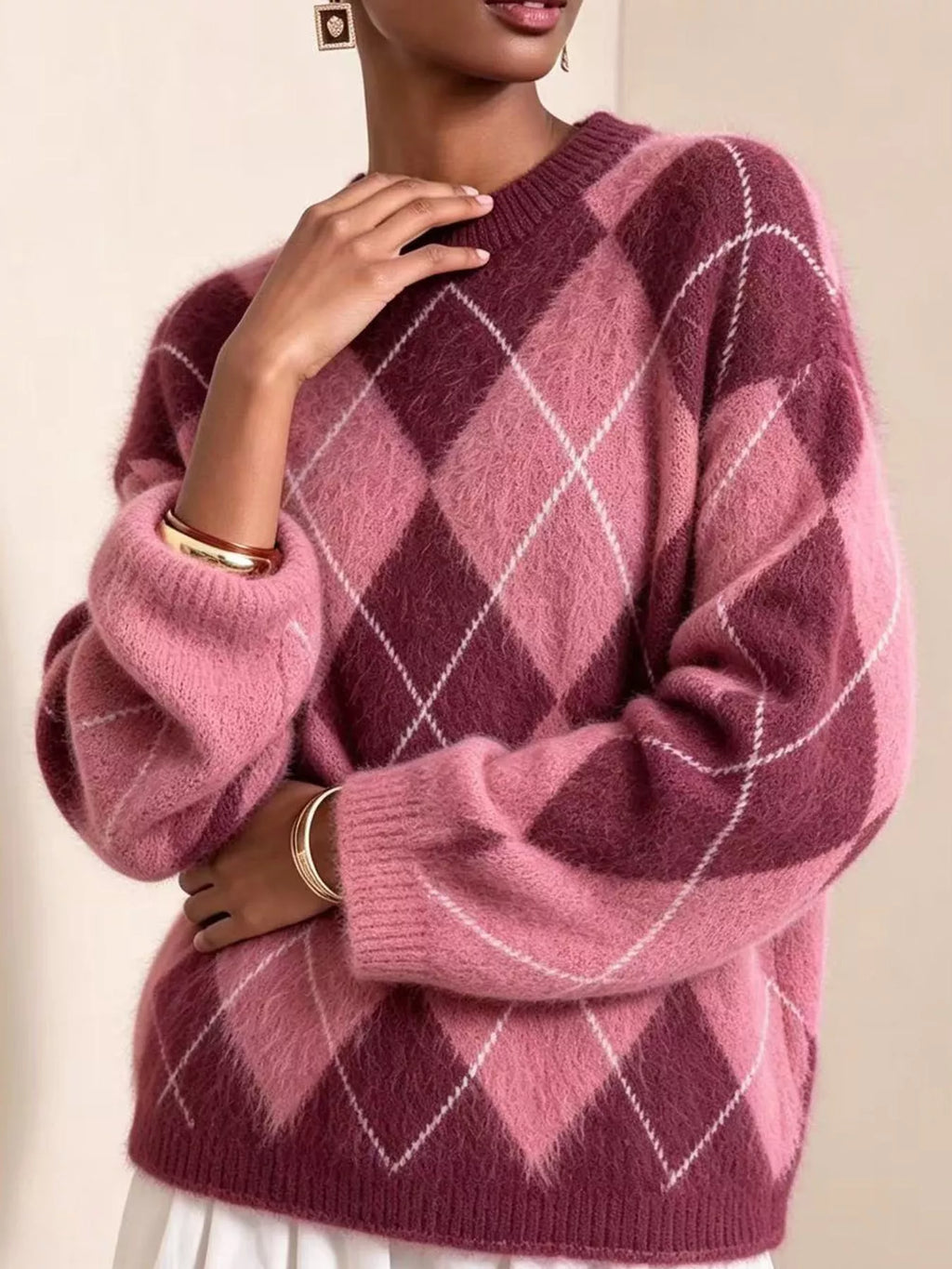 Argyle Pattern Fuzzy Knit Sweater