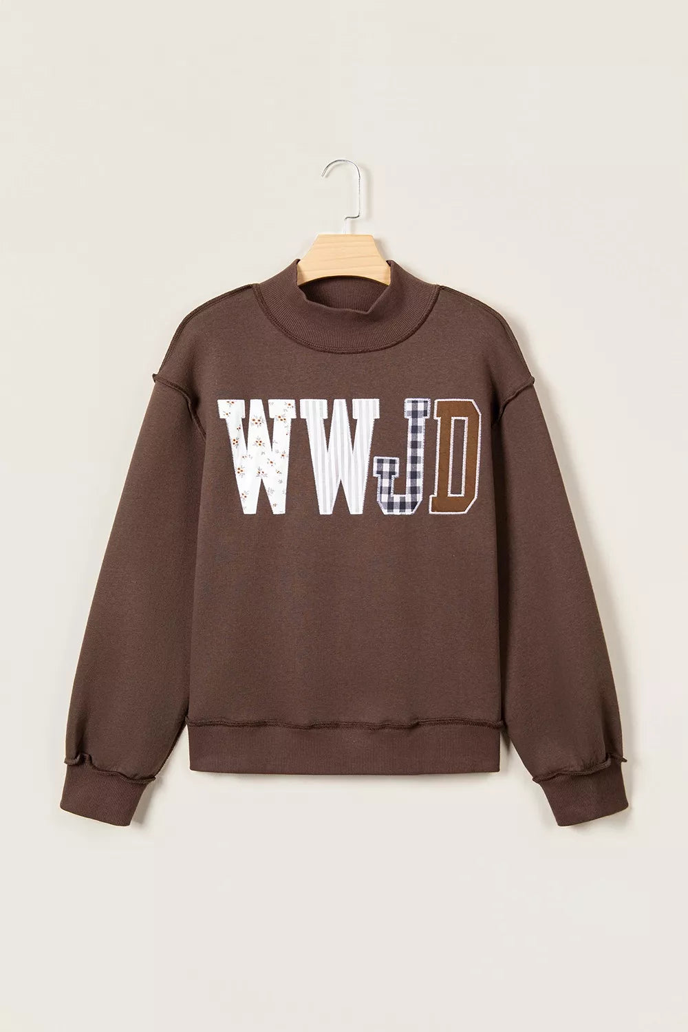 WWJD Mixed Pattern Embroidered Patch Graphic Mock Neck Sweatshirt