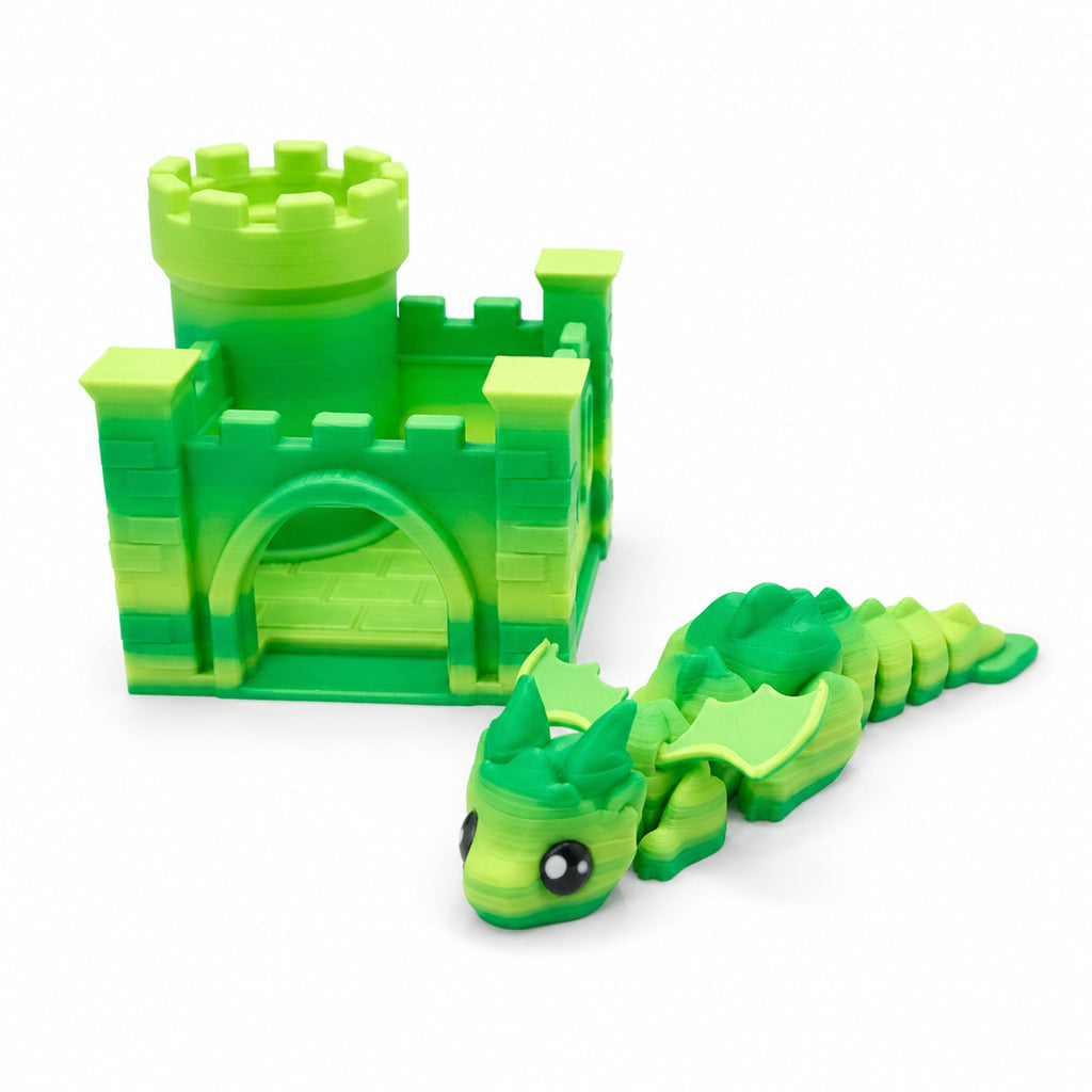 3D Printed Articulated Dragon And Castle Set, Cute Movable Flying Dragon Figure With Mini Castle, Desk Decor Fidget Toy Gift For Kids And Adults