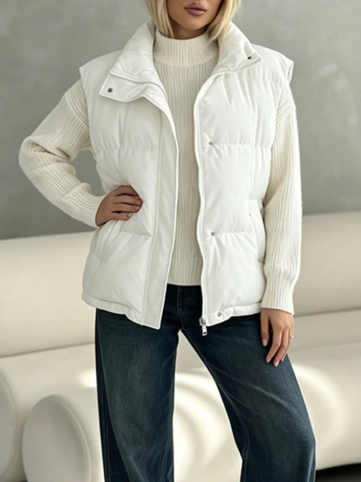 Snap-Button Placket Quilted Puffer Vest Coat