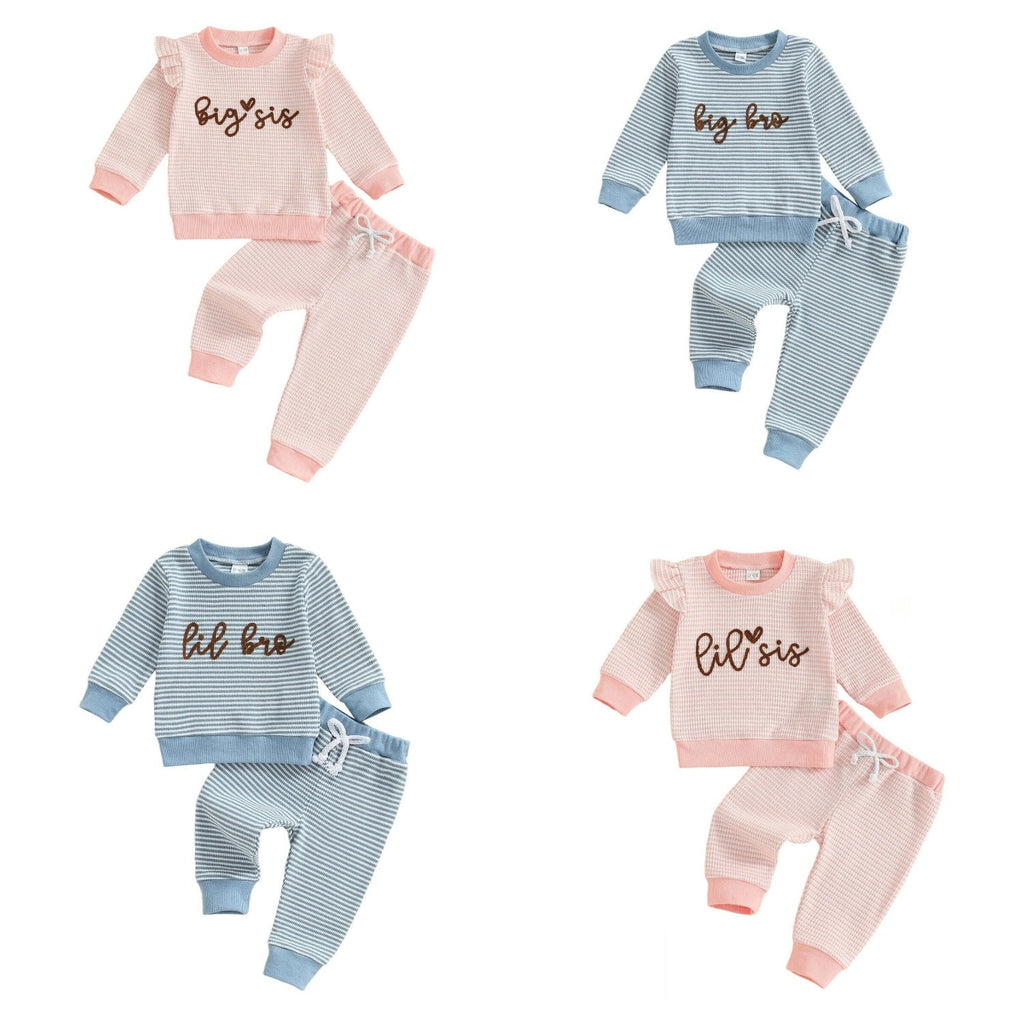 Letter-embroidered Long-sleeve Striped Top And Pants Two-piece Set
