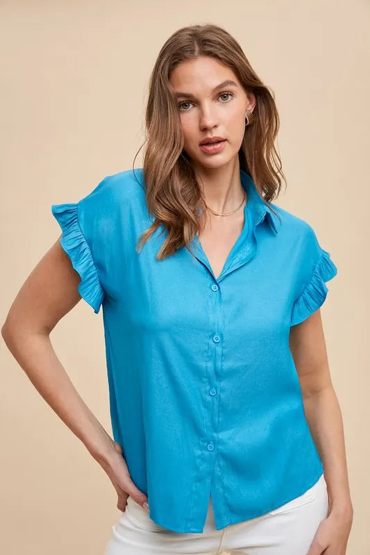 Ruffle Sleeve Collared Button-Down Blouse – Relaxed Fit
