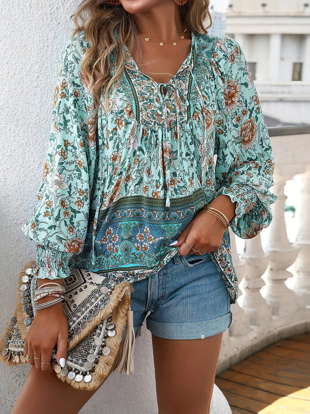 Floral Print Tie-Neck Blouse with Smocked Cuffs