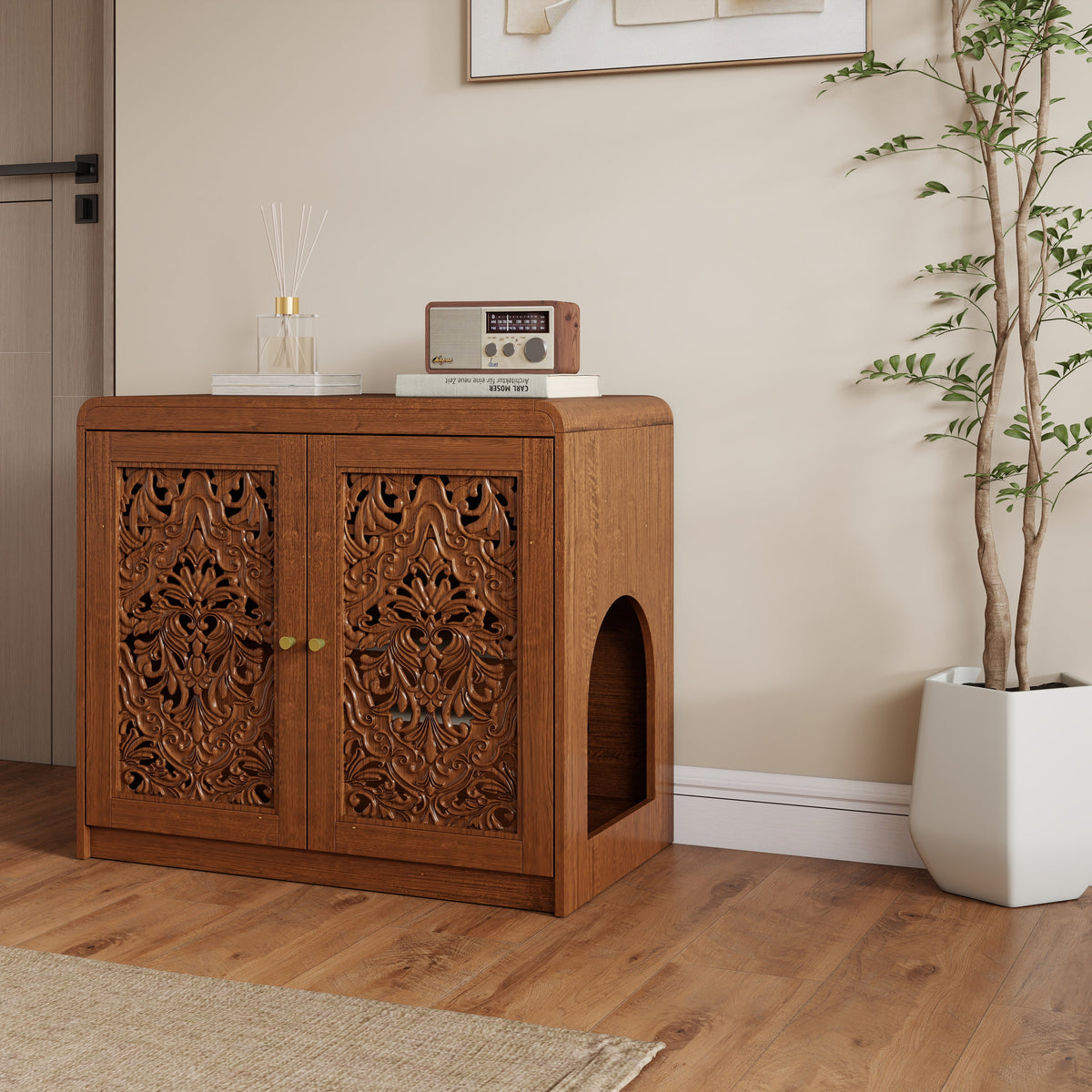 Walnut Cat Litter Box Enclosure Cabinet with Vent & Carved Doors - Walnut