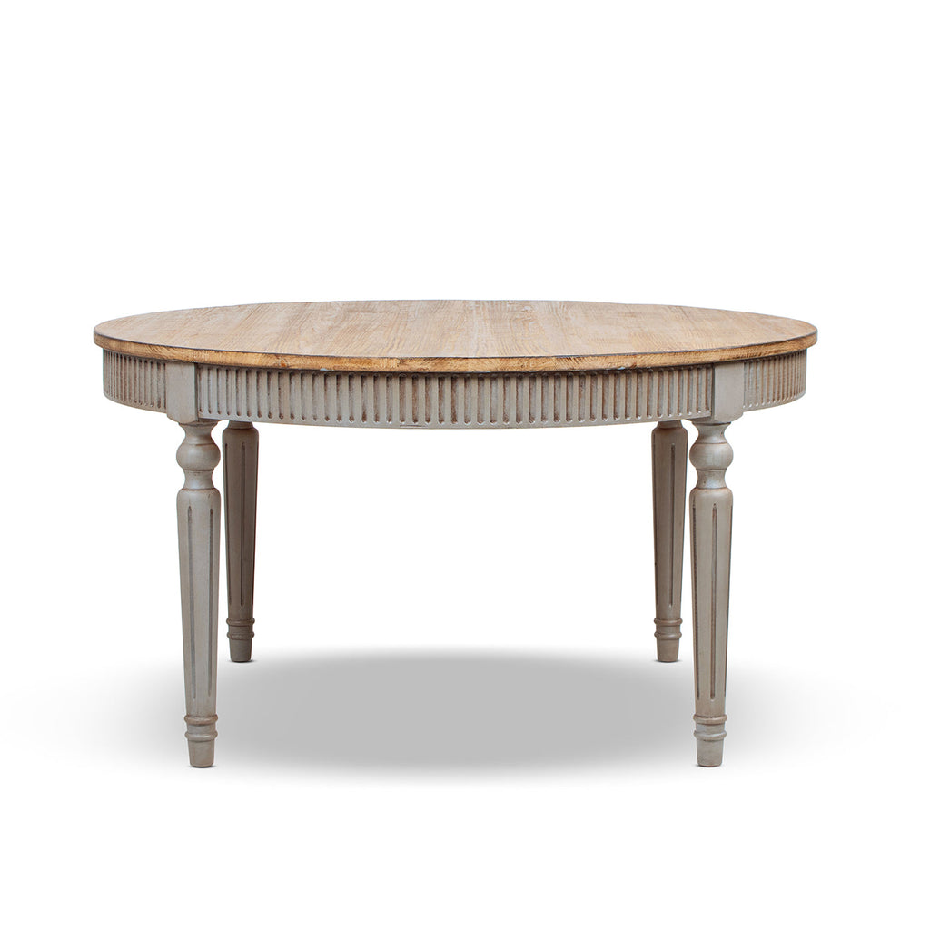 Reclaimed Wood Round Dining Table with Classic Turned Base – Antique