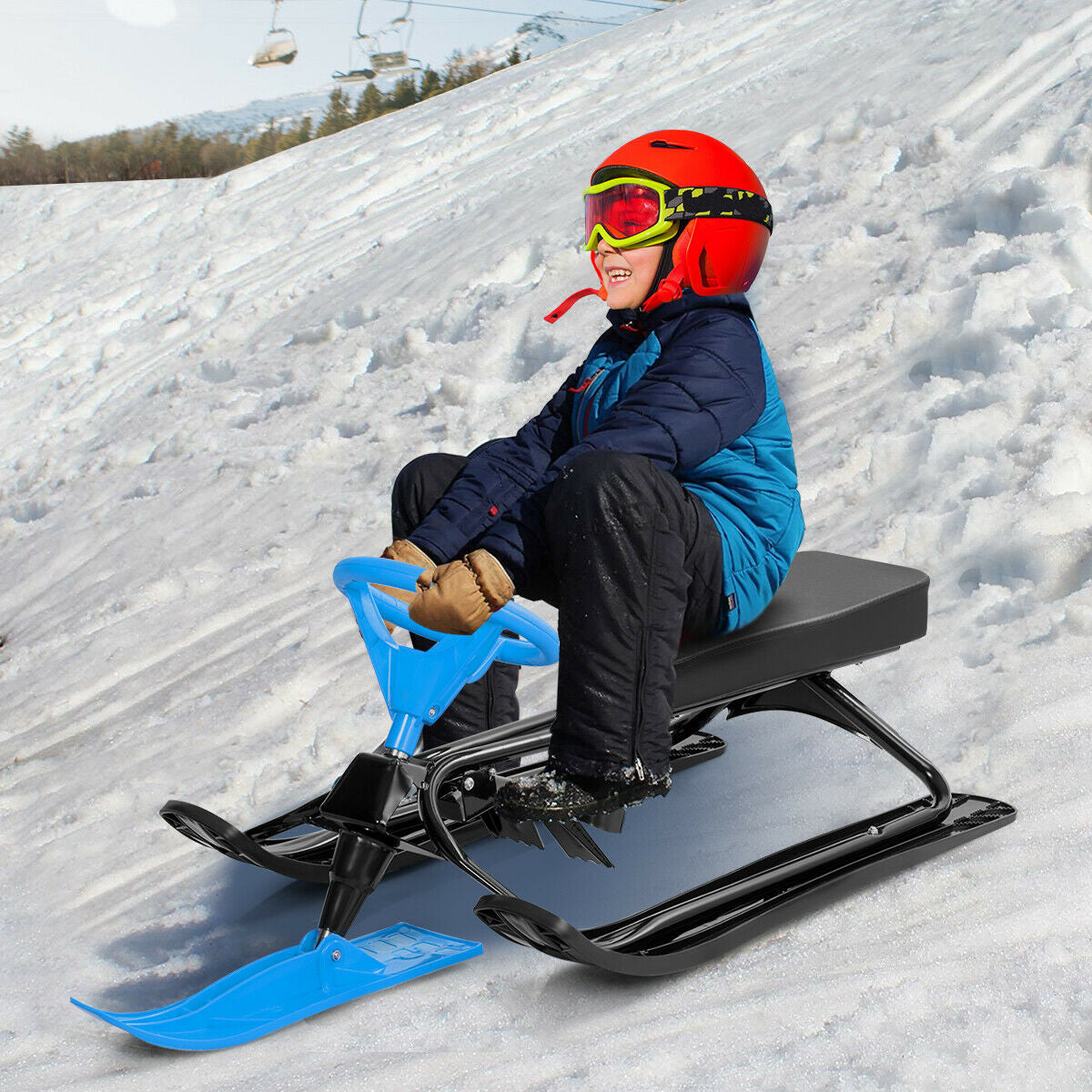Kids Snow Sand Grass Sled w/ Steering Wheel and Brakes