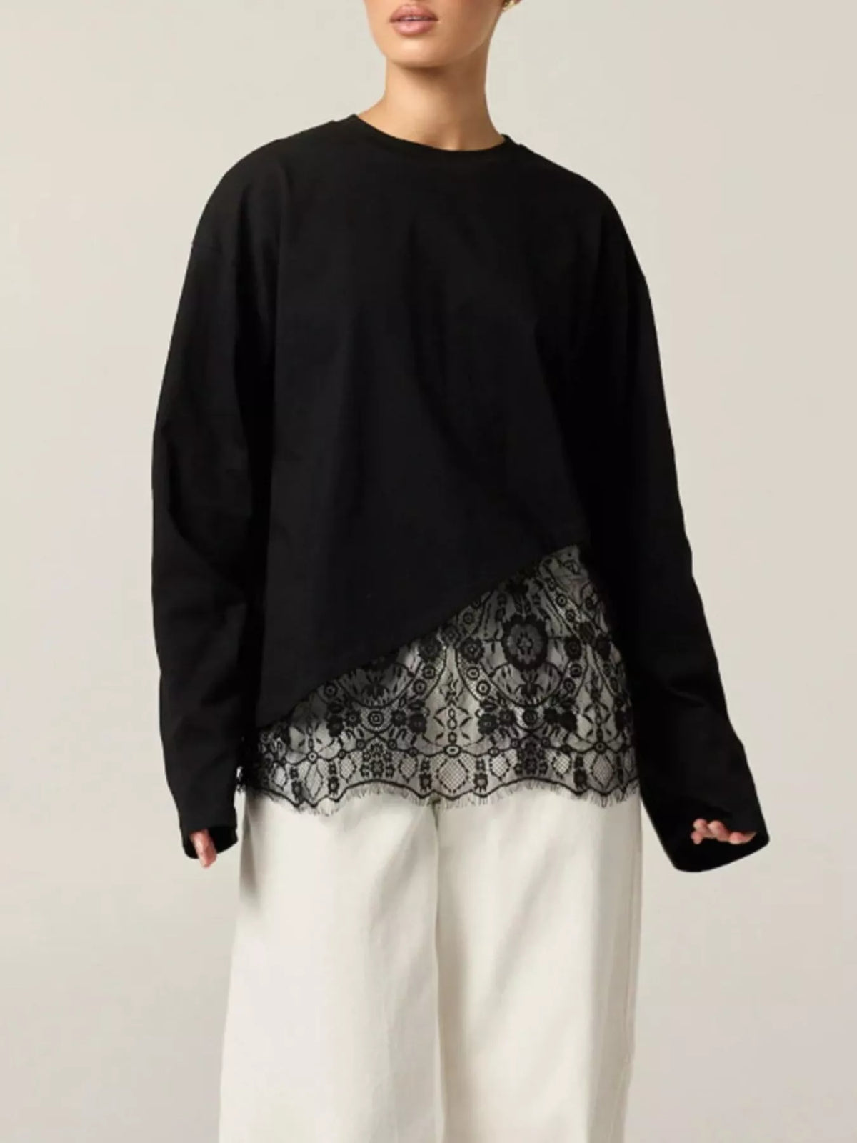 Long-Sleeve T-Shirt with Asymmetric Lace Hem