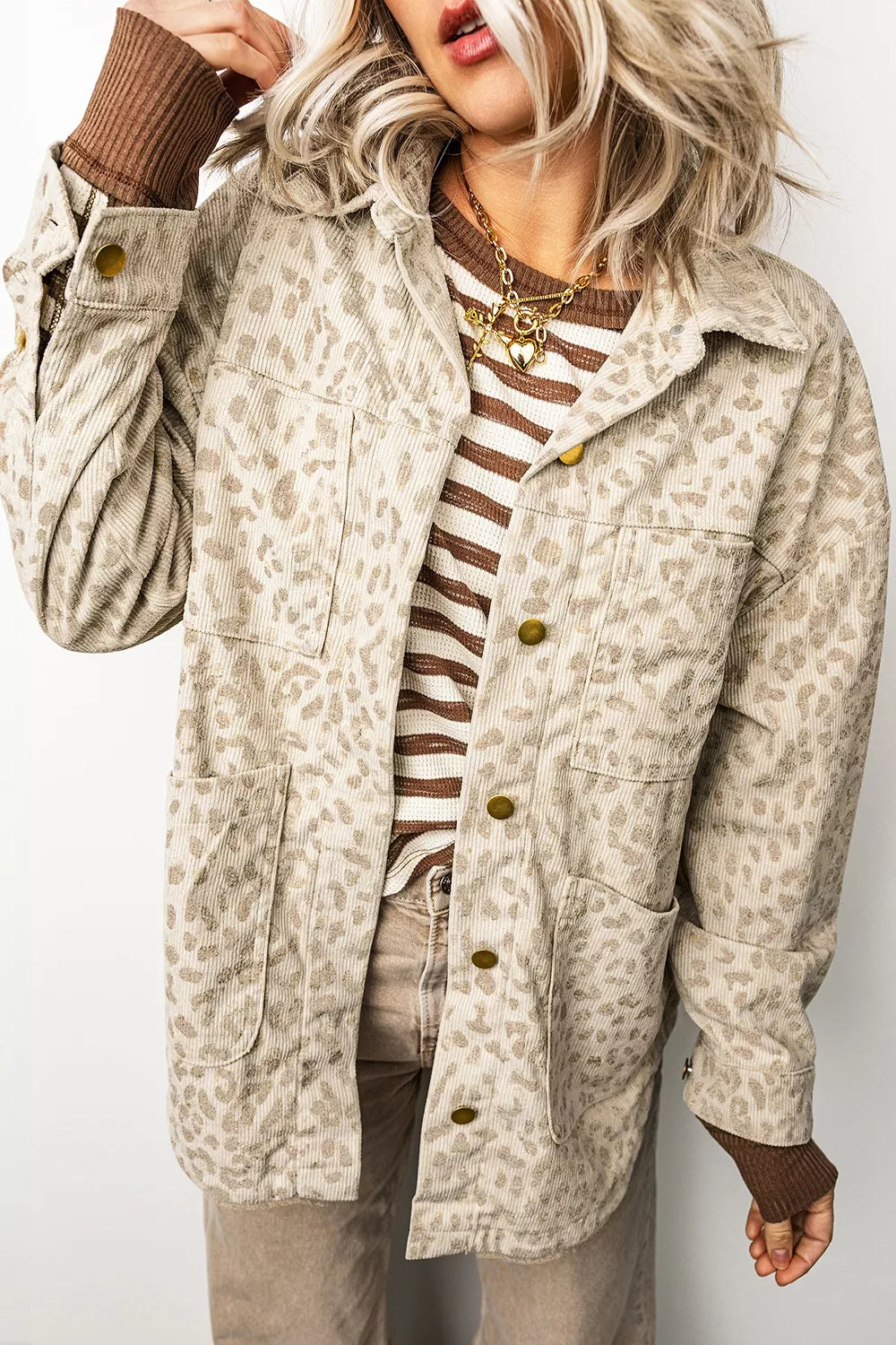 Leopard Print Corduroy Shirt Collar Long Sleeve Regular Fit Jacket