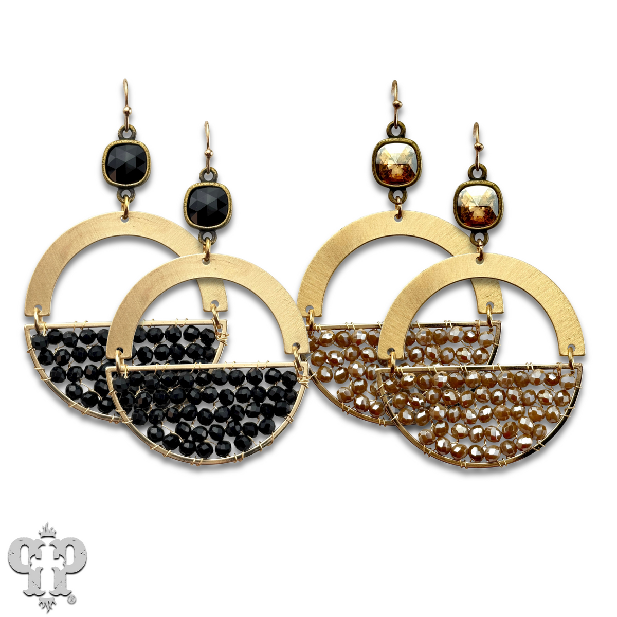 Gold beaded half circle earring with crystals from Swarovski®- LC