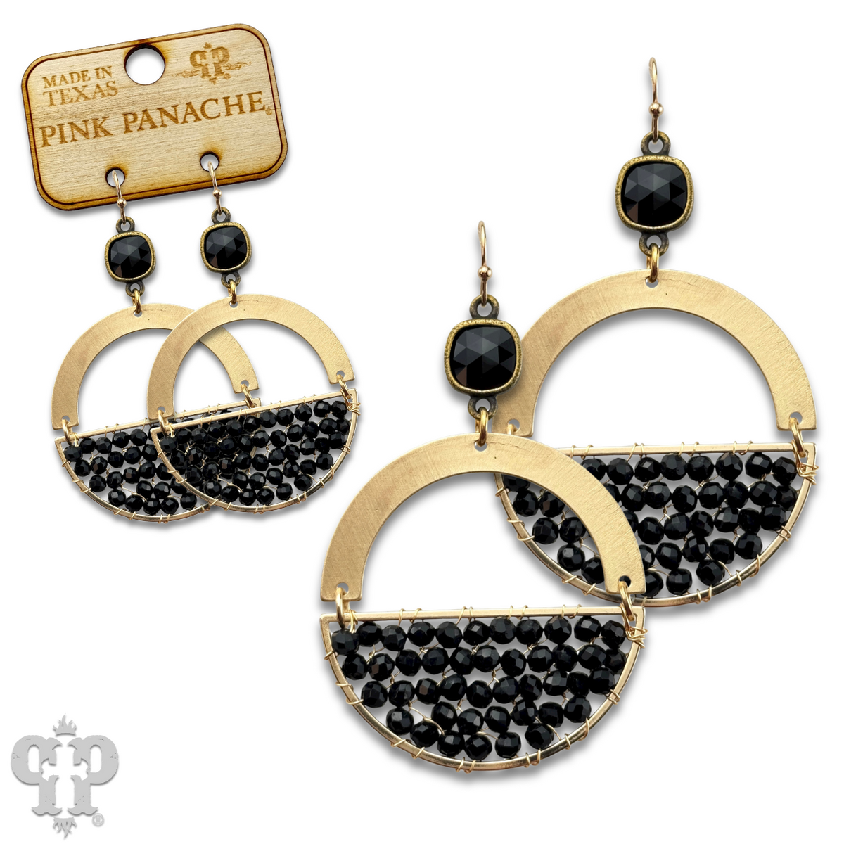 Gold beaded half circle earring with crystals from Swarovski®- LC